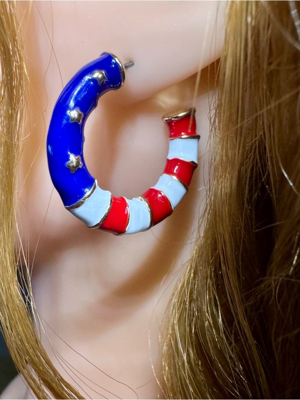Patriotic Red White Blue Hoop Earrings Americana Enamel Star Stripe